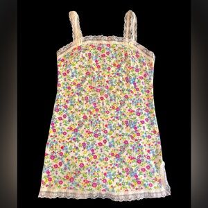 Vintage 70’s Floral Lace Trim Slip Dress - Cream with Pink & Blue Flowers